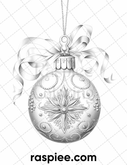 40 Christmas Balls Grayscale Coloring Pages Printable for Adults, PDF File Instant Download