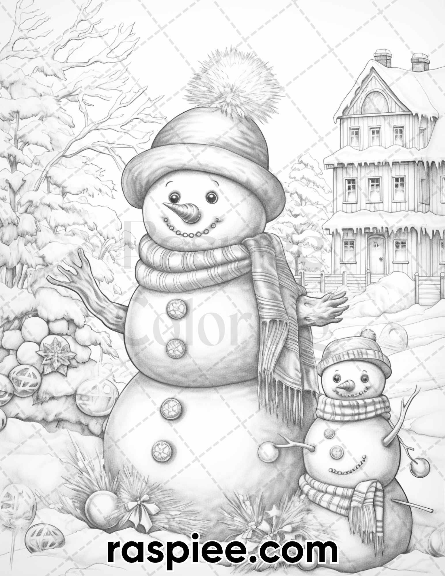 40 Chistmas Snowman Grayscale Coloring Pages for Adults, Printable PDF Instant Download