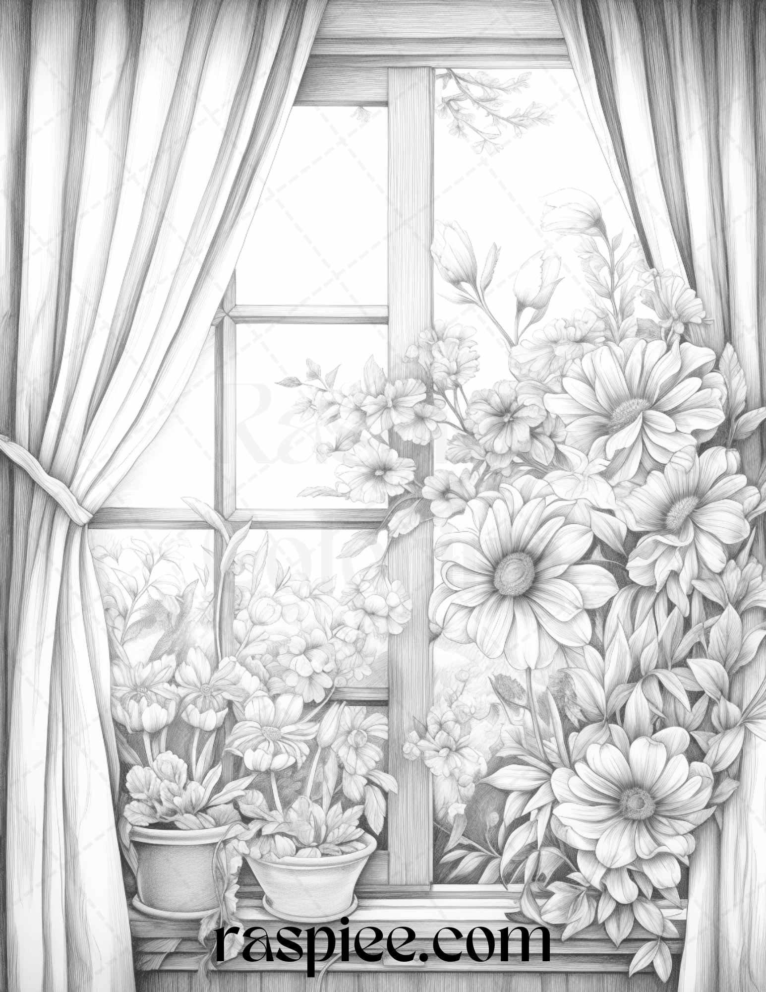 50 Blooming Windows Grayscale Coloring Pages Printable for Adults, PDF File Instant Download