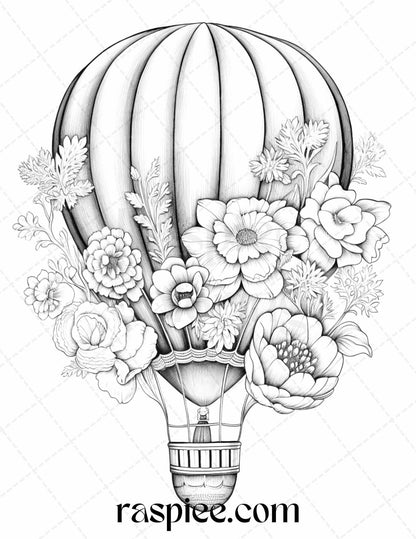 42 Flower Hot Air Balloons Grayscale Coloring Pages Printable for Adults, PDF File Instant Download