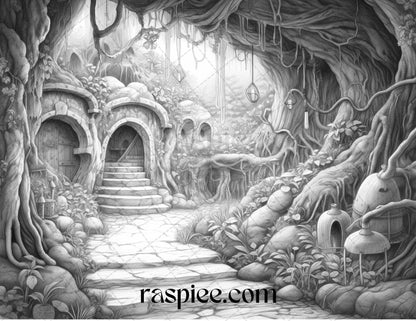 40 Halloween Landscapes Grayscale Coloring Pages Printable for Adults, PDF File Instant Download