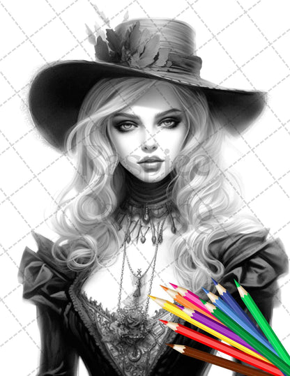 40 Beautiful Gothic Girls Grayscale Coloring Pages Printable for Adults, PDF File Instant Download