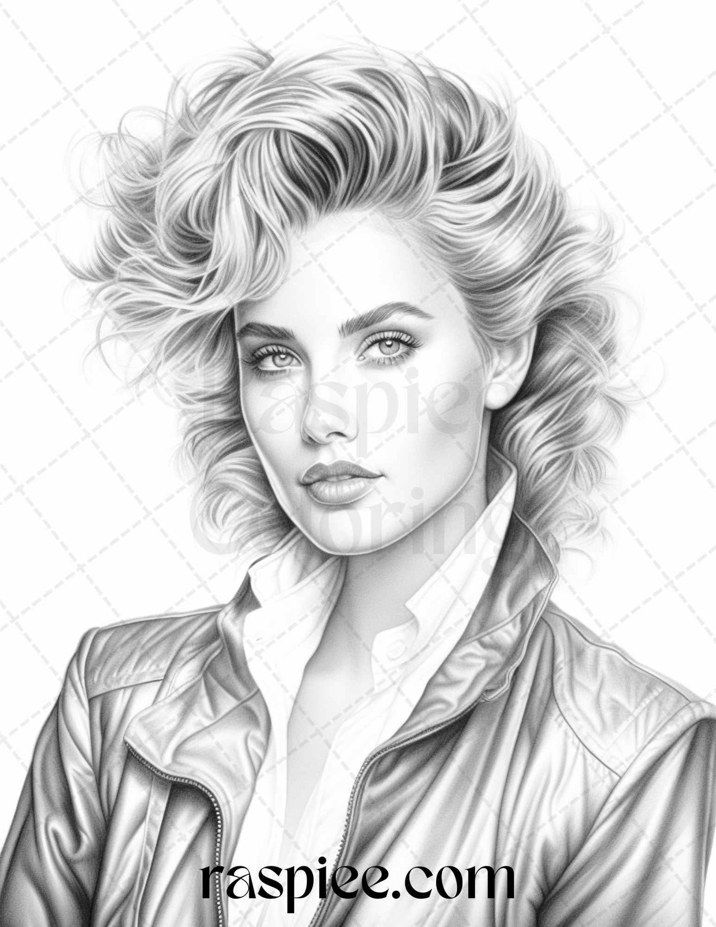 1980s Retro Beautiful Women Grayscale Coloring Pages for Adults, PDF File Instant Download