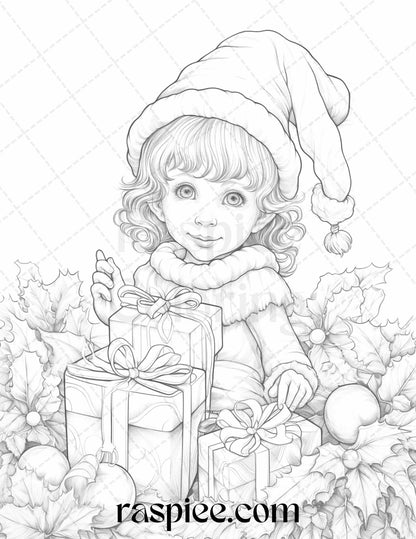 110 Christmas Elves Grayscale Coloring Pages Printable for Adults Kids, PDF File Instant Download