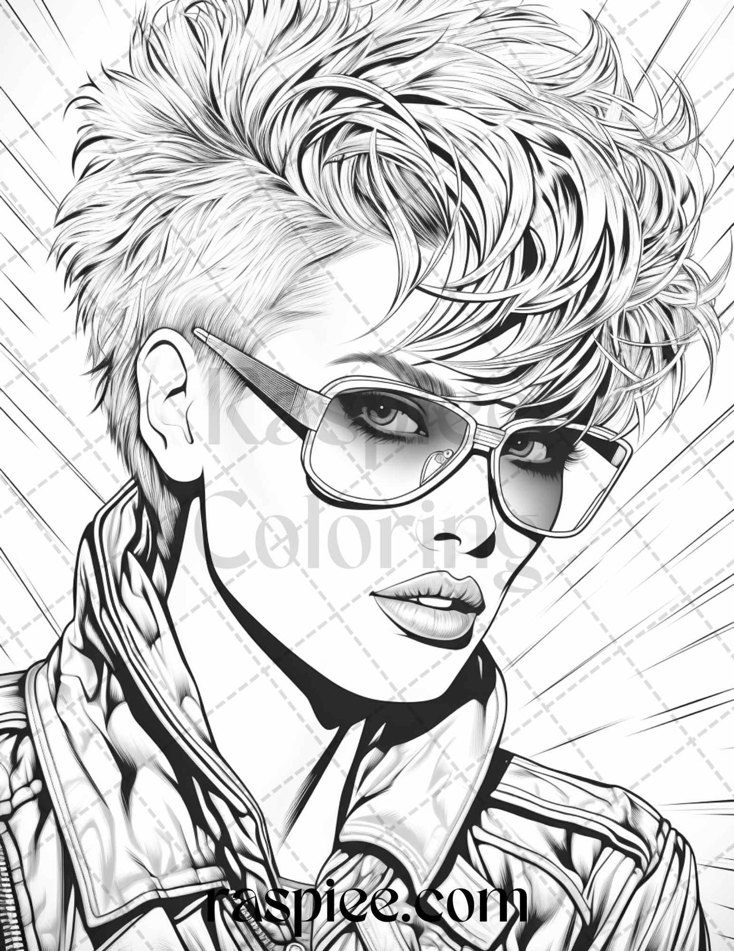 1980s New Wave Pop Star Grayscale Coloring Pages Printable for Adults, PDF File Instant Download