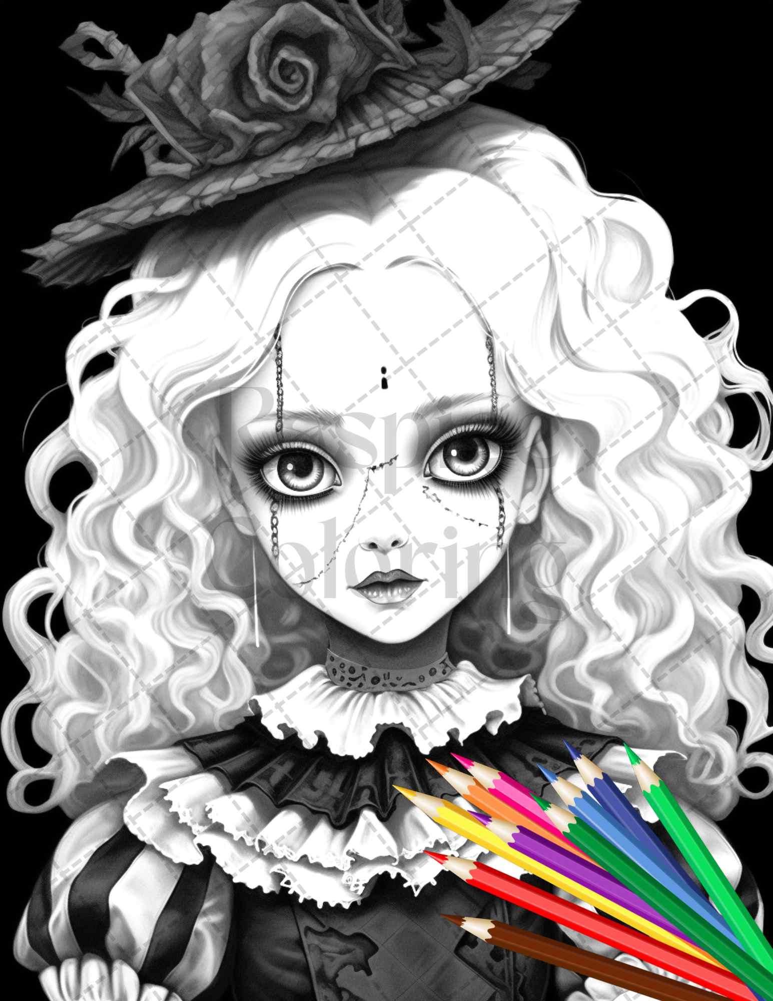 40 Creepy Porcelain Dolls Grayscale Coloring Pages for Adults, PDF File Instant Download