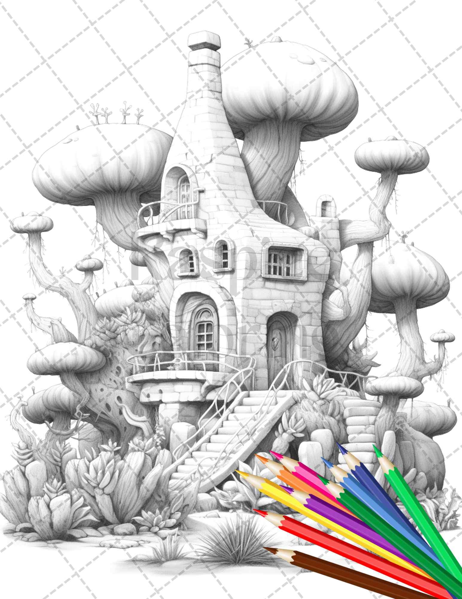 46 Fantasy Cactus Houses Grayscale Coloring Pages Printable for Adults, PDF File Instant Download