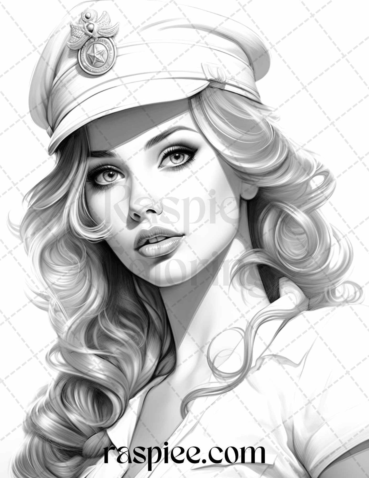 40 Sailor Pin Up Girls Grayscale Coloring Pages Printable for Adults, PDF File Instant Download