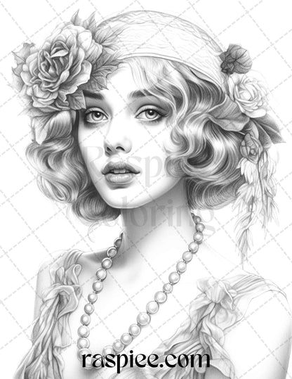 40 Beautiful Gatsby Girls Grayscale Coloring Pages Printable for Adults, PDF File Instant Download