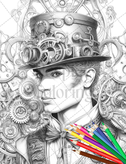 42 Steampunk Mens Grayscale Coloring Pages Printable for Adults, PDF File Instant Download