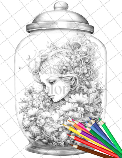 40 Beautiful Fairies in Jar Grayscale Coloring Pages Printable for Adults, PDF File Instant Download