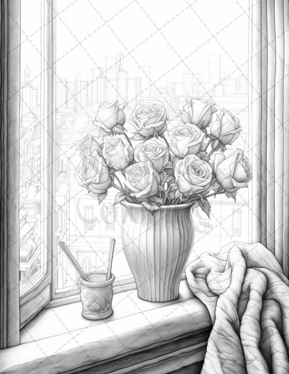 40 Captivating Roses Grayscale Coloring Pages Printable for Adults, PDF File Instant Download