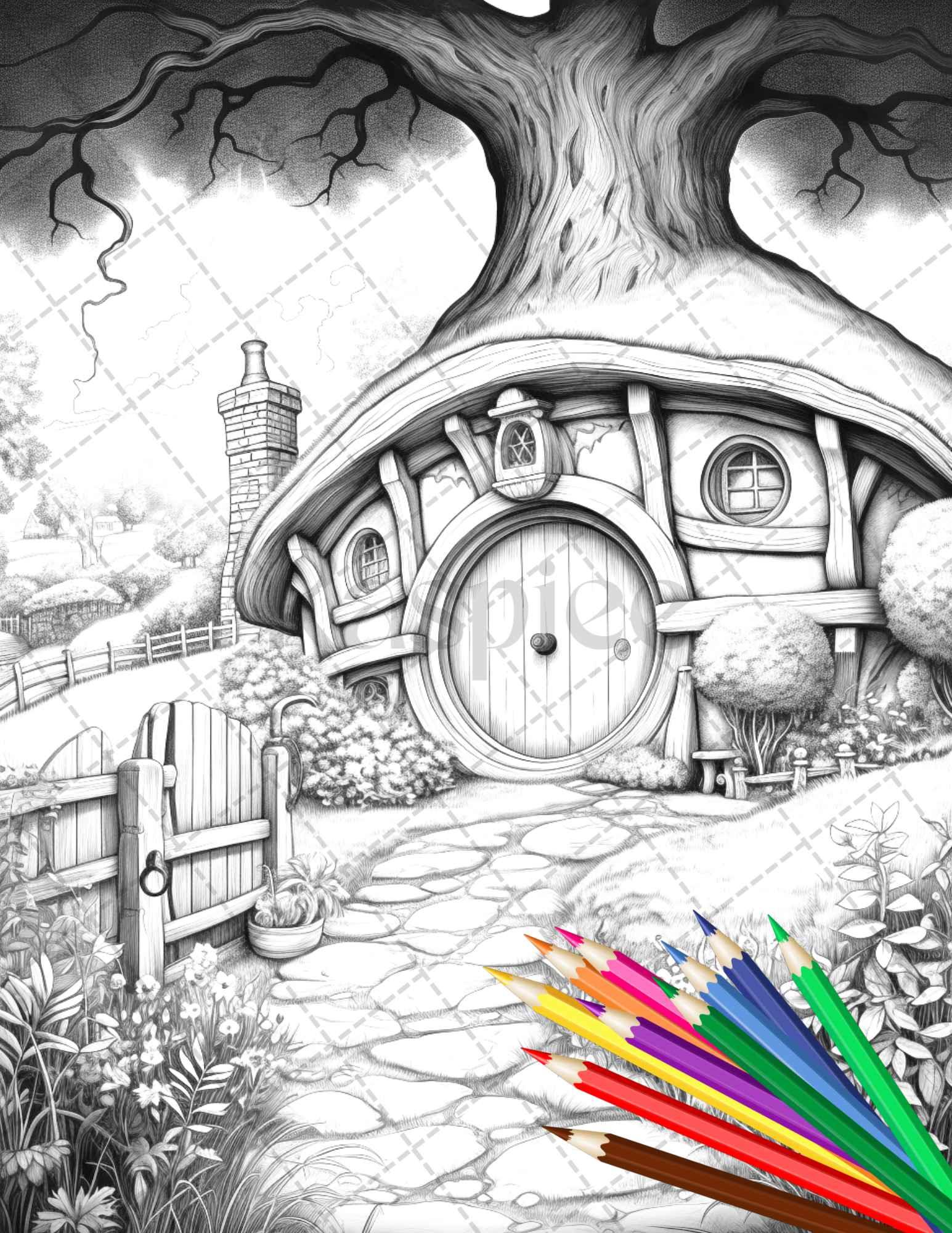 43 Enchanted Hobbiton Houses Grayscale Coloring Pages Printable for Adults, PDF File Instant Download