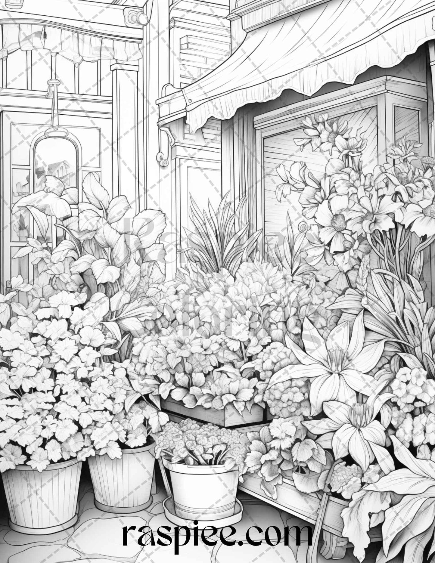 45 Flower Store Front Grayscale Coloring Pages Printable for Adults, PDF File Instant Download