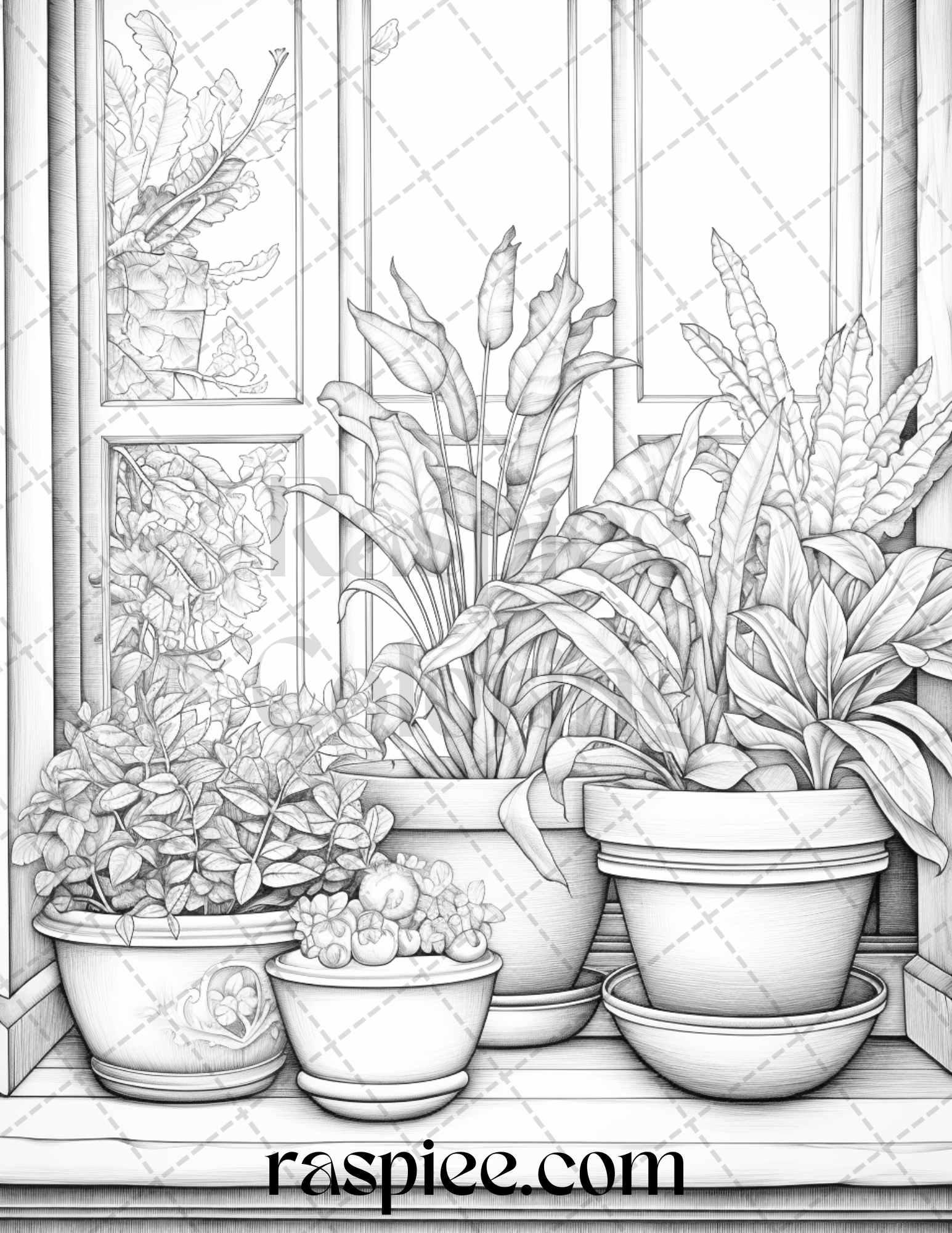 40 Window Plants Grayscale Coloring Pages Printable for Adults, PDF File Instant Download