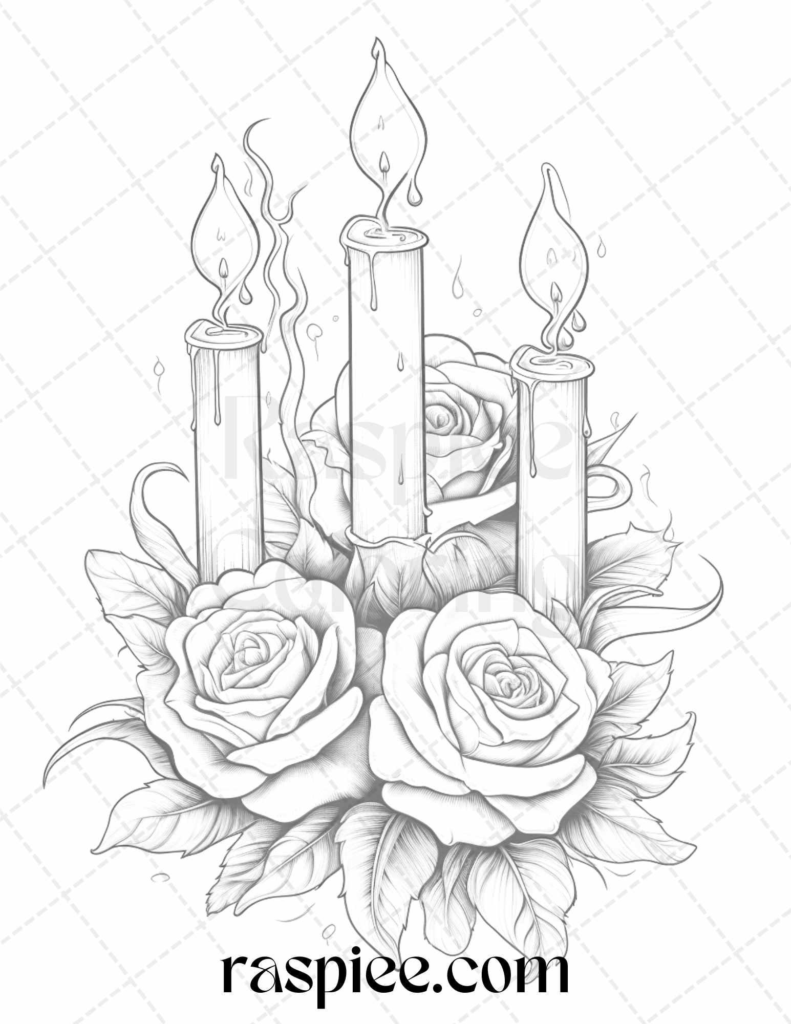 40 Flower Candles Grayscale Coloring Pages Printable for Adults, PDF File Instant Download