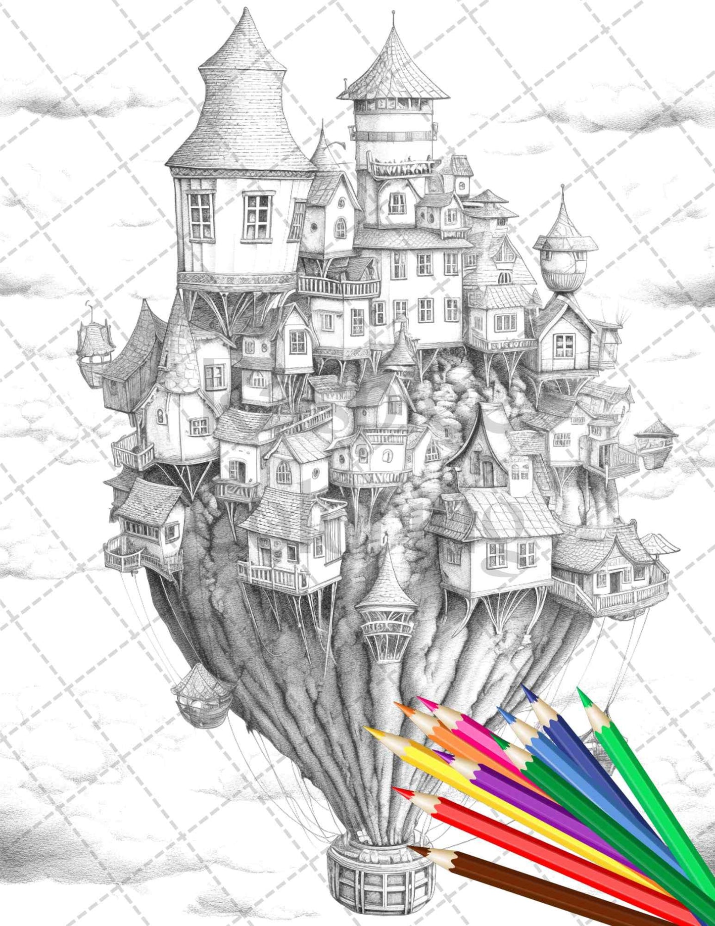 40 Fantasy Sky Houses Grayscale Coloring Pages Printable for Adults, PDF File Instant Download