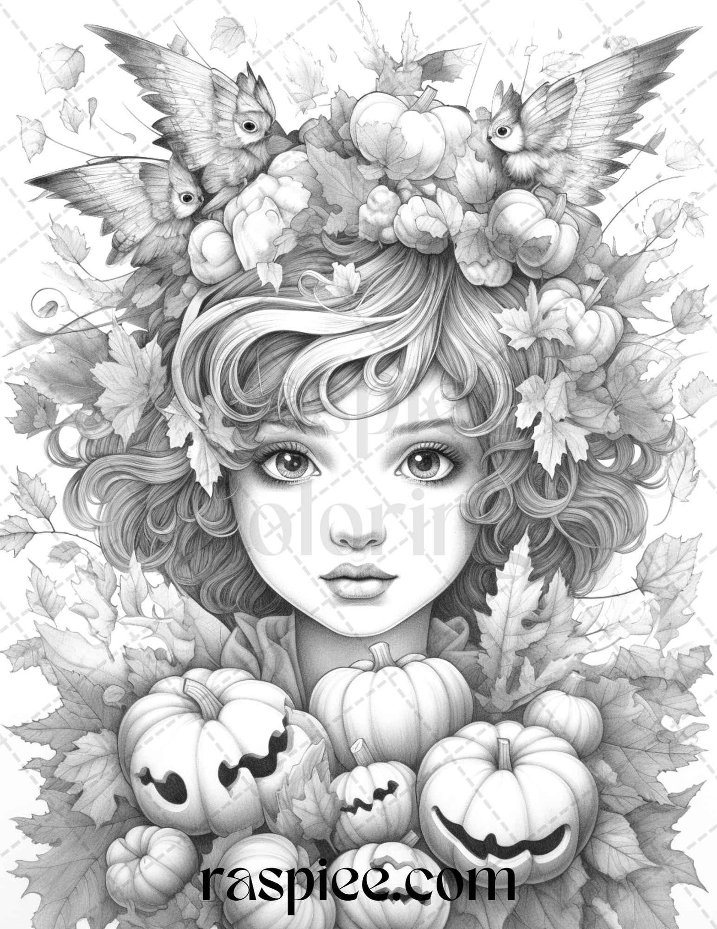 40 Pumpkin Fairy Girls Grayscale Coloring Pages Printable for Adults, PDF File Instant Download