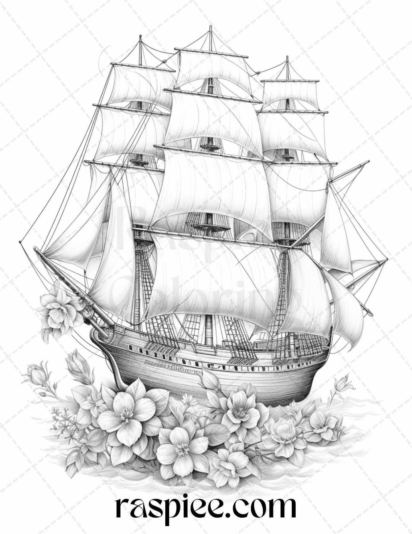 44 Flower Ships Graysale Coloring Pages Printable for Adults, PDF File Instant Download