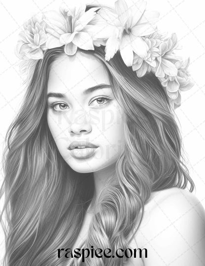 40 Hawaiian Girls Grayscale Coloring Pages Printable for Adults, PDF File Instant Download