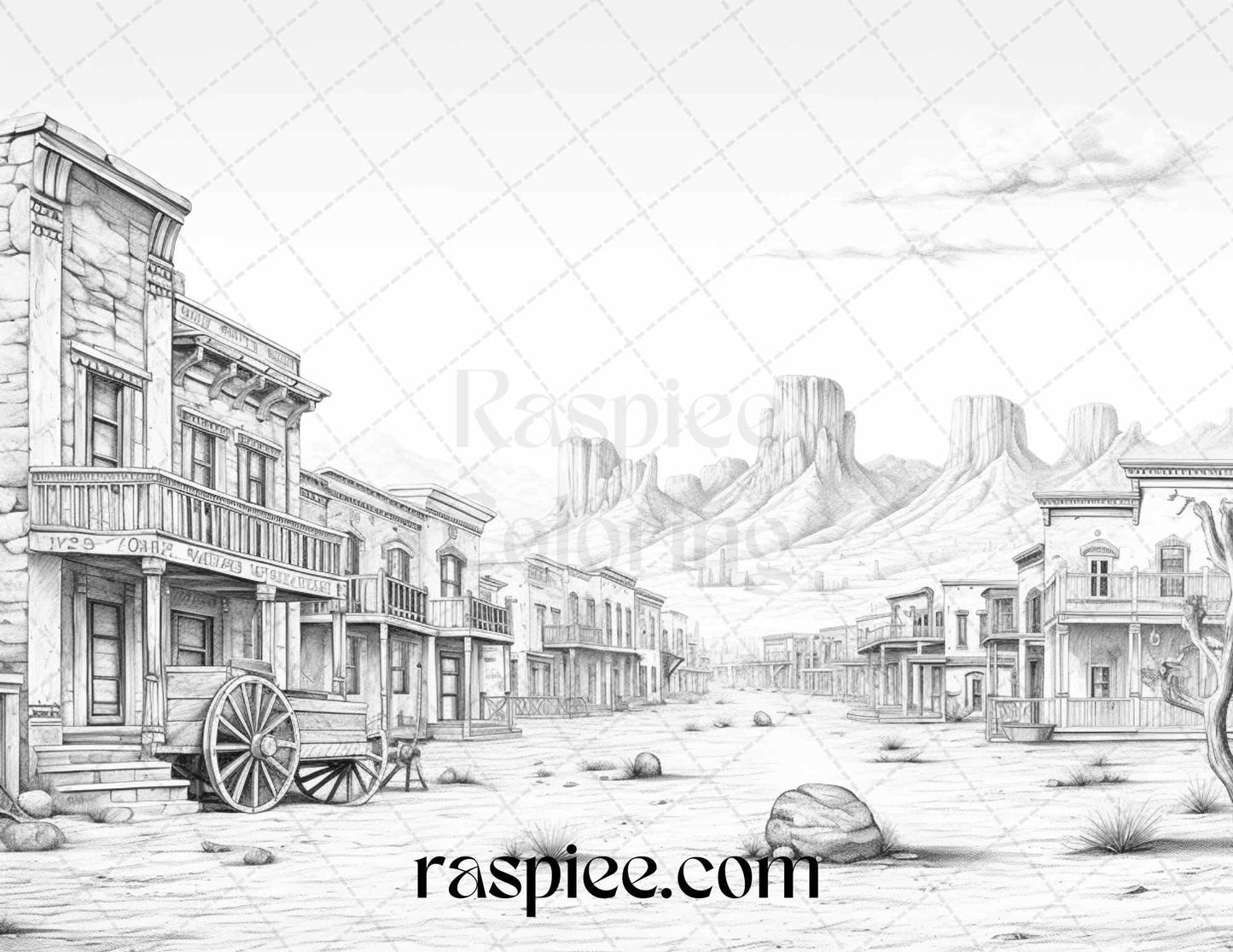 40 Wild West Towns Grayscale Coloring Pages Printable for Adults, PDF File Instant Download