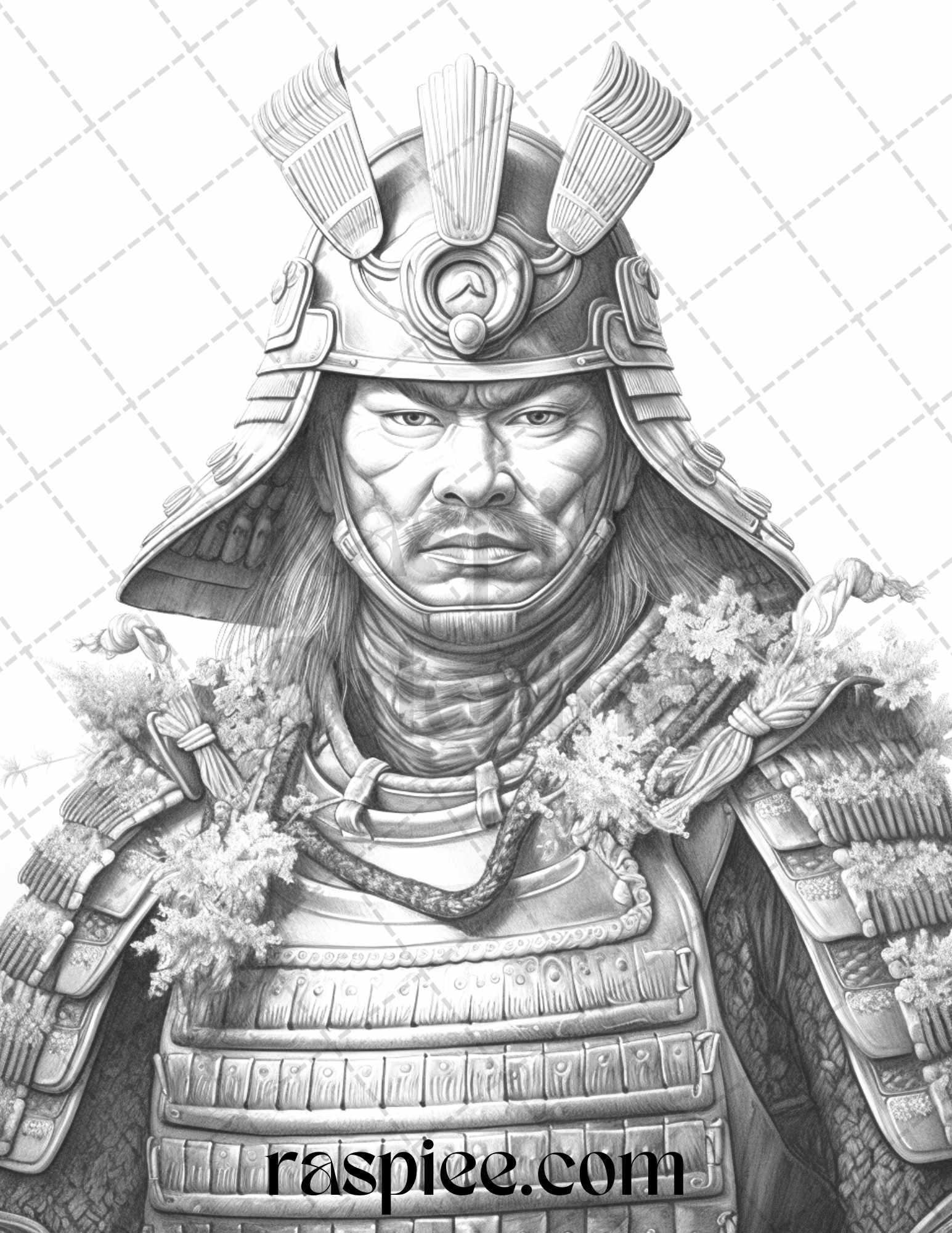 42 Japanese Samurai Grayscale Coloring Pages for Adults, Printable PDF File Instant Download