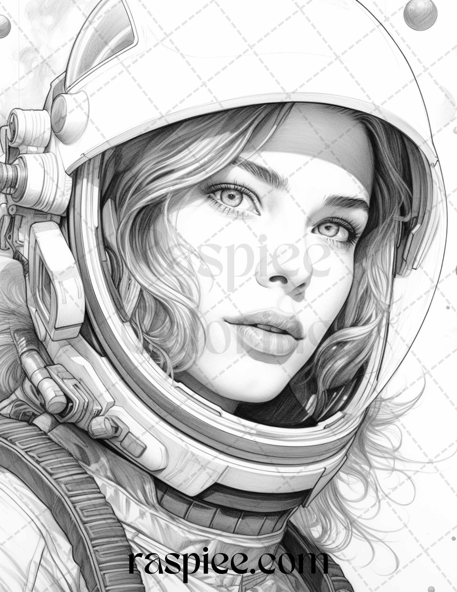 50 Astronaut Girl Portrait Grayscale Coloring Pages Printable for Adults, PDF File Instant Download