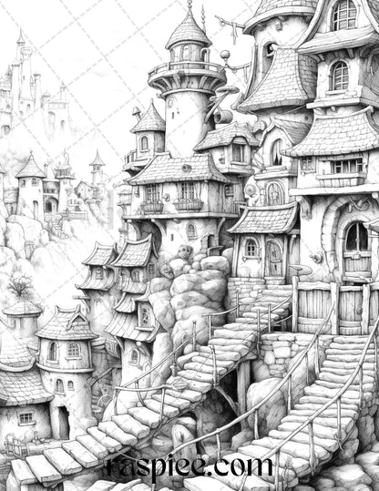 40 Fantasy Village Grayscale Coloring Pages Printable for Adults, PDF File Instant Download