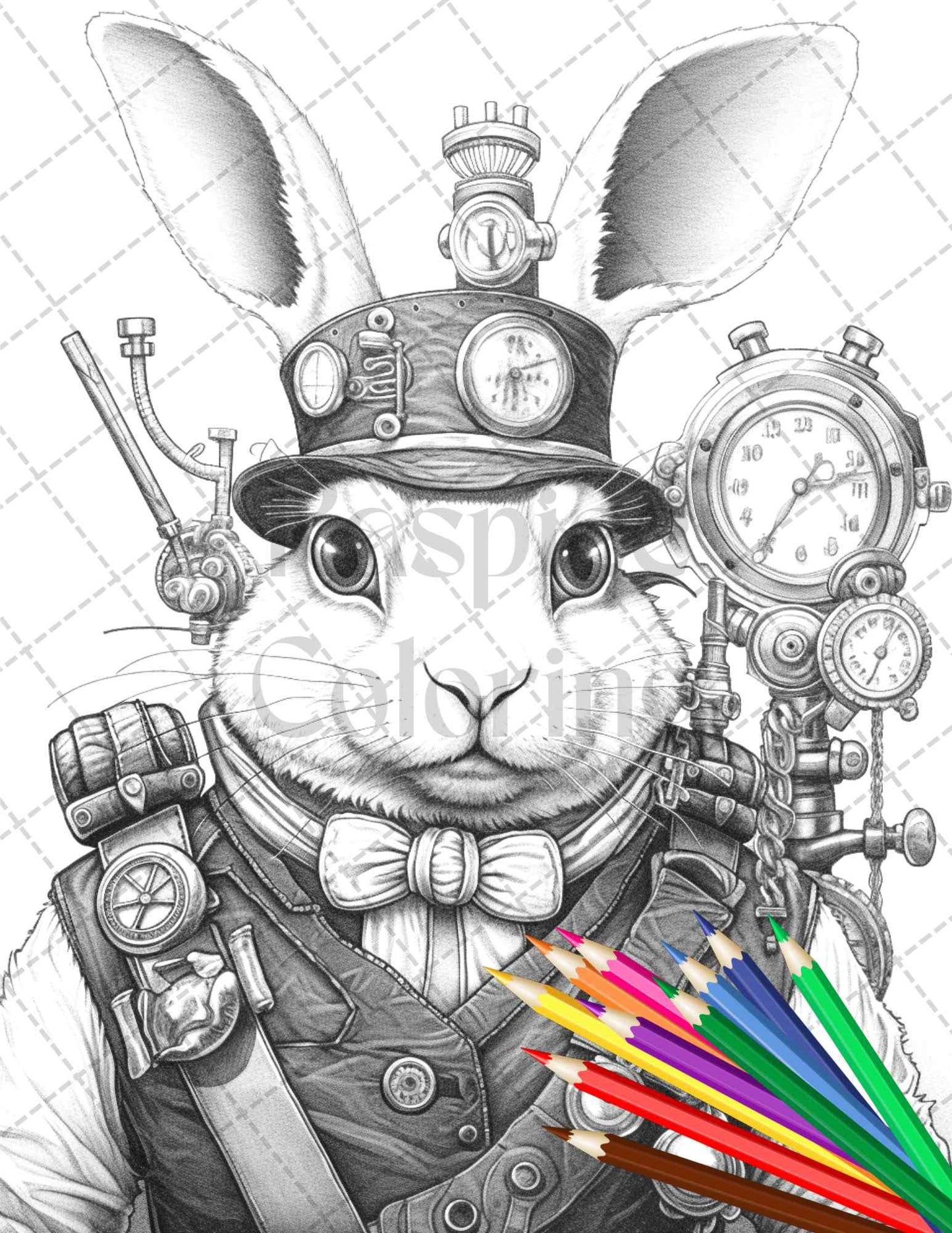 45 Steampunk Animals Grayscale Coloring Pages Printable for Adults Vol. 2, PDF File Instant Download