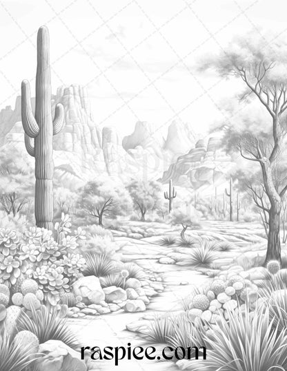 40 Desert Landscapes Grayscale Coloring Pages Printable for Adults, PDF File Instant Download