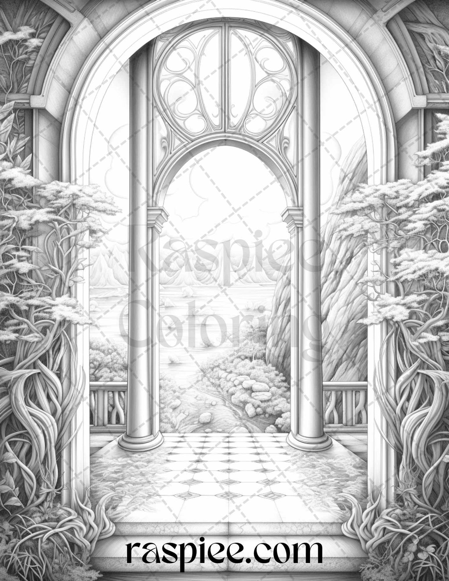 40 Window to Fantasy Worlds Grayscale Coloring Pages Printable for Adults, PDF File Instant Download