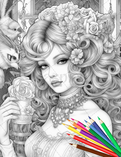 43 Beautiful Victorian Women Grayscale Coloring Pages Printable for Adults, PDF File Instant Download