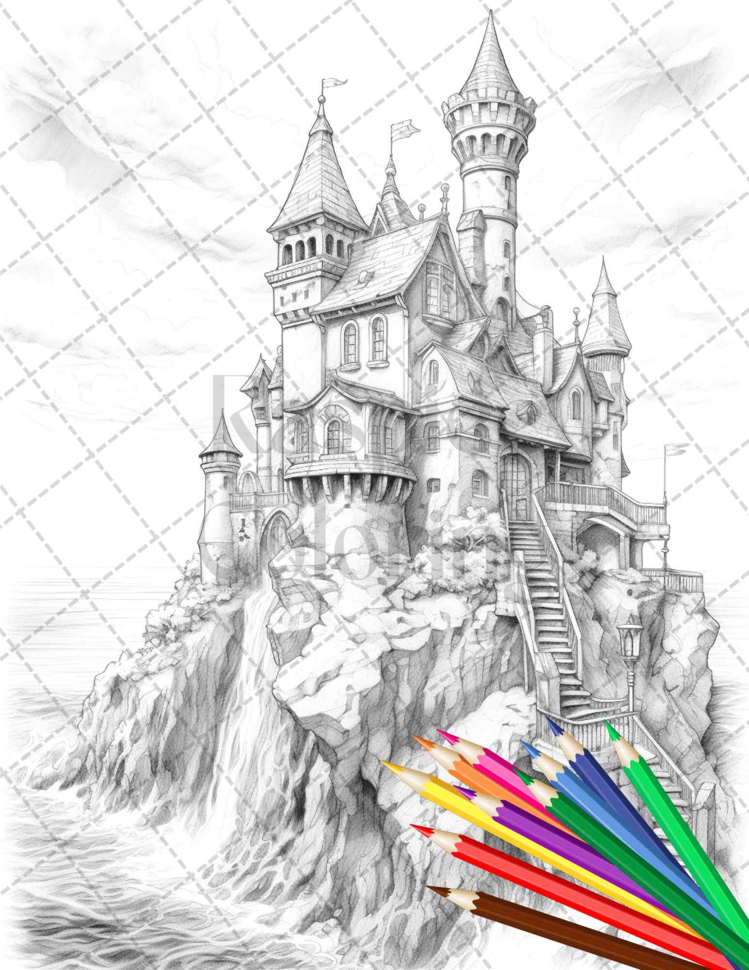 40 Creepy Gothic Houses Grayscale Coloring Pages Printable for Adults, PDF File Instant Download