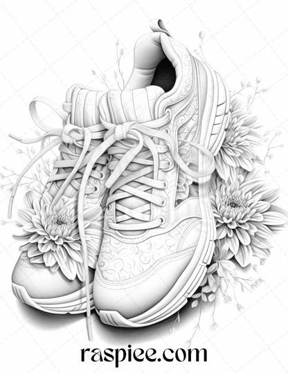 40 Flower Sneakers Grayscale Coloring Pages Printable for Adults, PDF File Instant Download