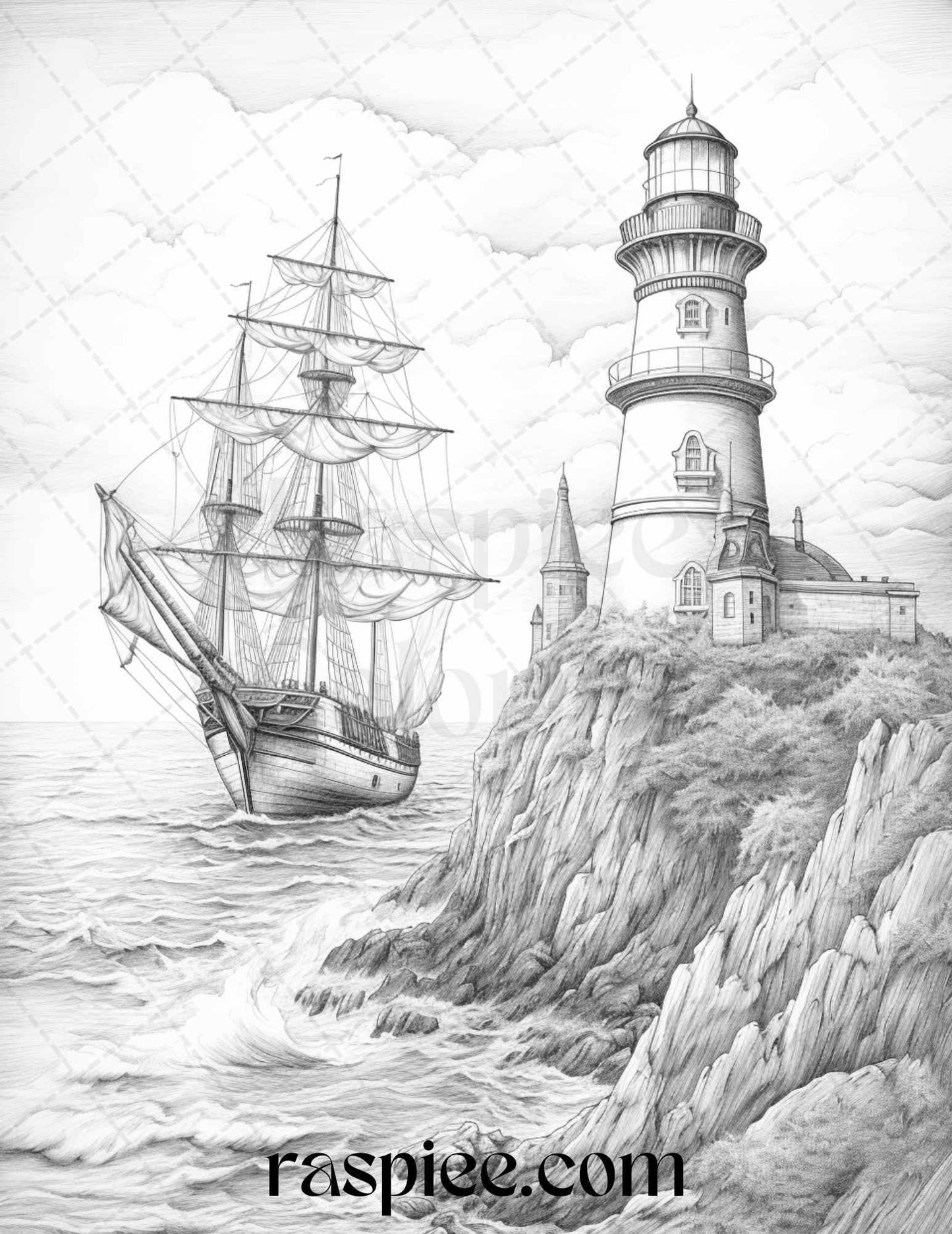 40 Majestic Lighthouses Grayscale Coloring Pages Printable for Adults, PDF File Instant Download