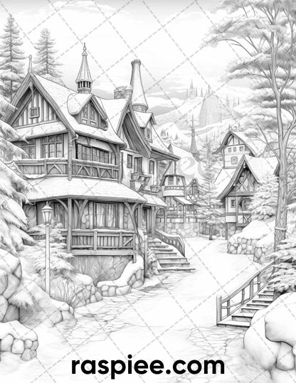 40 Fantasy Winter Village Grayscale Coloring Pages for Adults, PDF File Instant Download