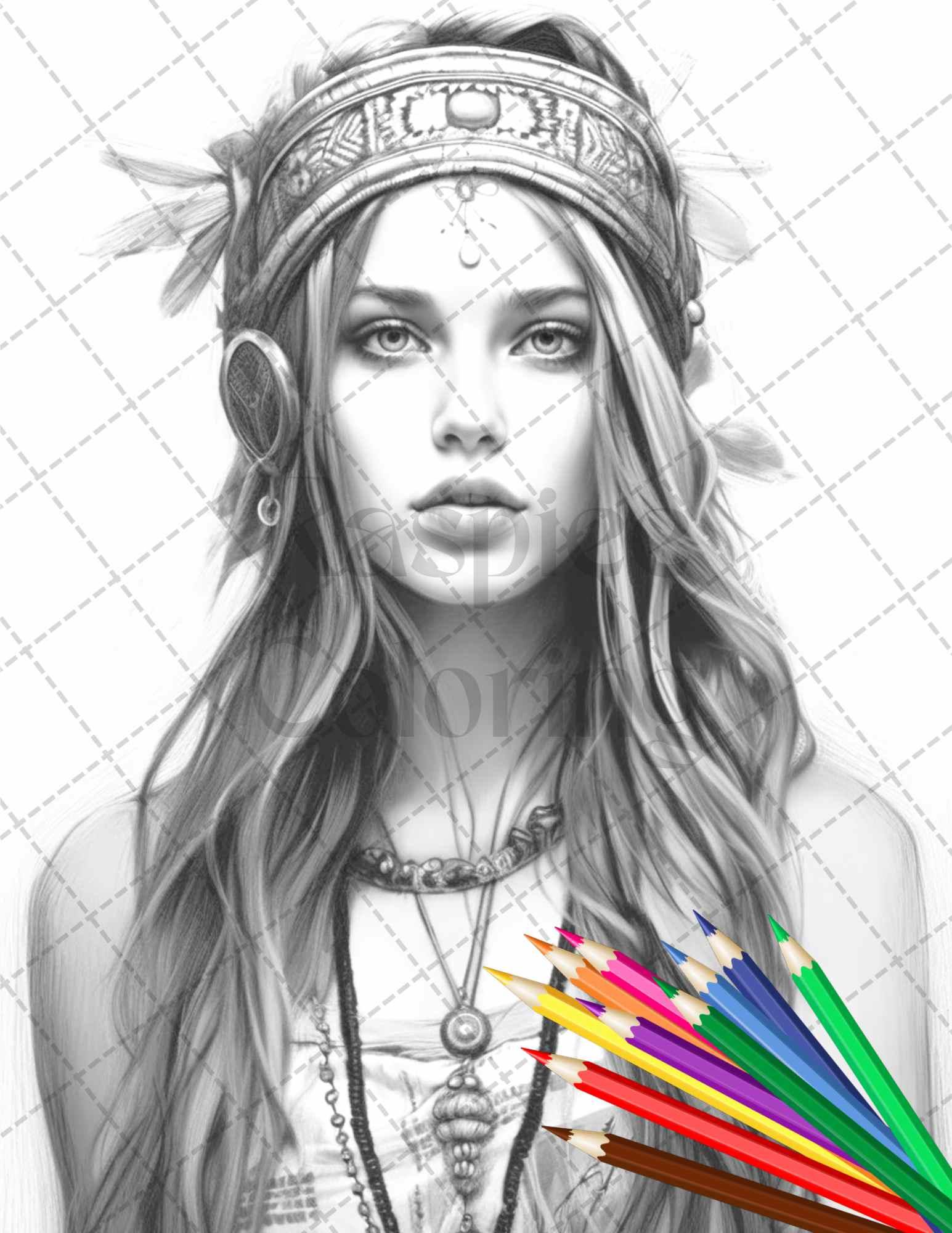 43 Beautiful Hippie Girls Grayscale Coloring Pages Printable for Adults, PDF File Instant Download