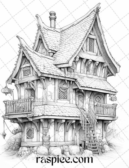 40 Viking Houses Grayscale Coloring Pages Printable for Adults, PDF File Instant Download