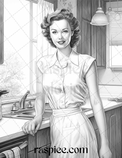 40 Retro Housewives Grayscale Coloring Pages for Adults, Printable PDF File Instant Download