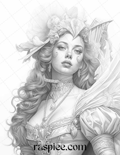 40 Baroque Women Portrait Grayscale Adult Coloring Pages Printable, PDF File Instant Download