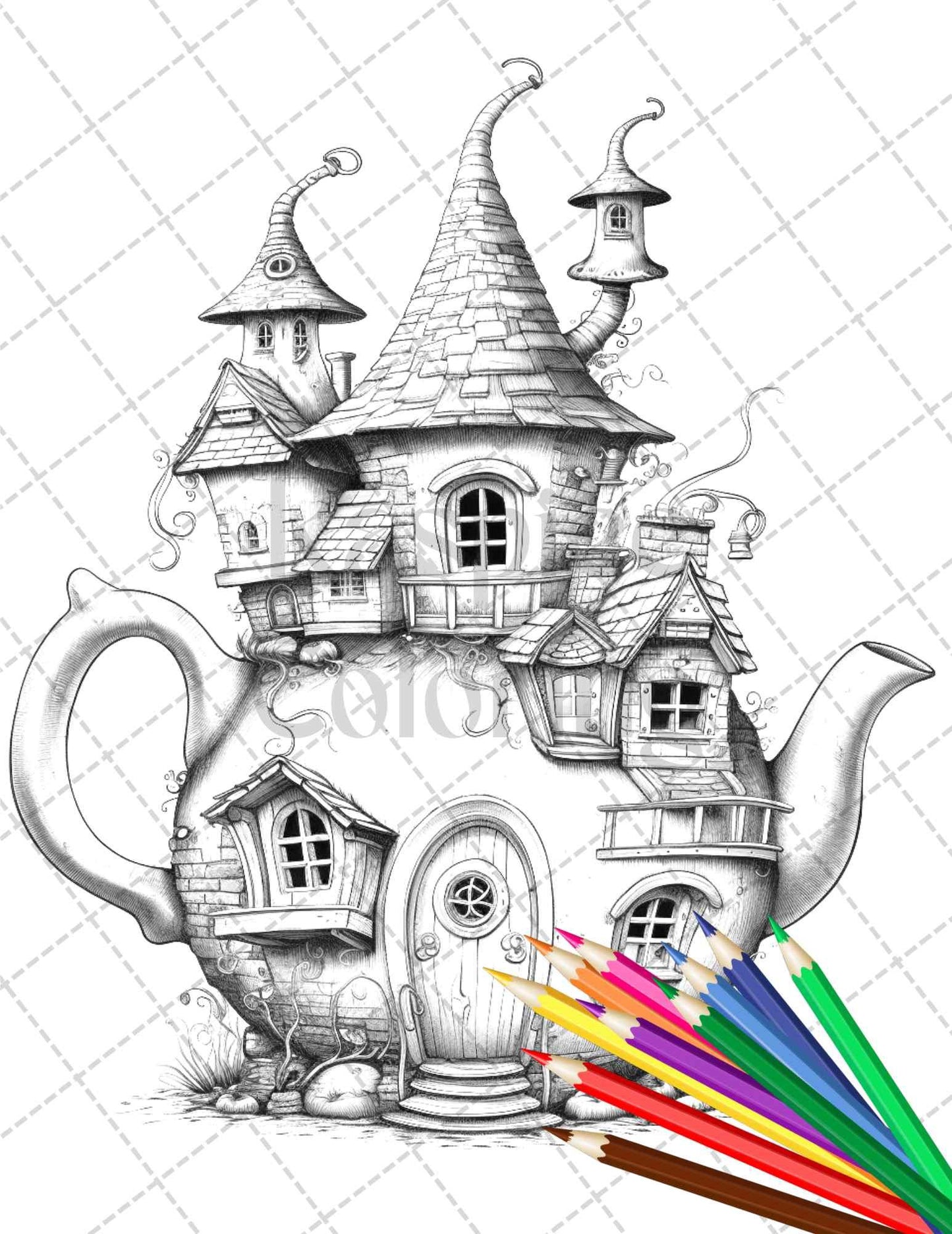 40 Teapot Fairy Houses Grayscale Coloring Pages Printable for Adults, PDF File Instant Download