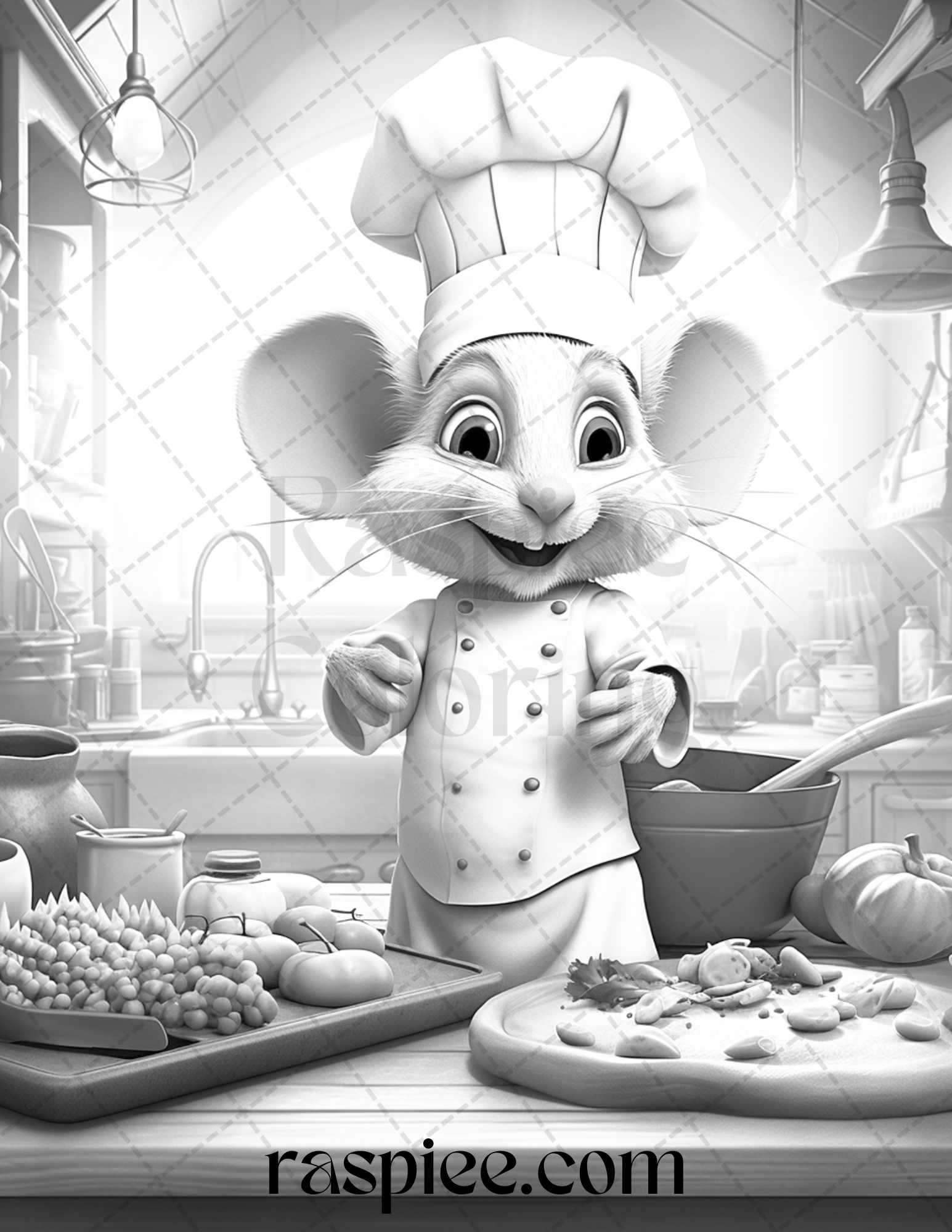 45 Mouse Chef Grayscale Coloring Pages Printable for Adults, PDF File Instant Download