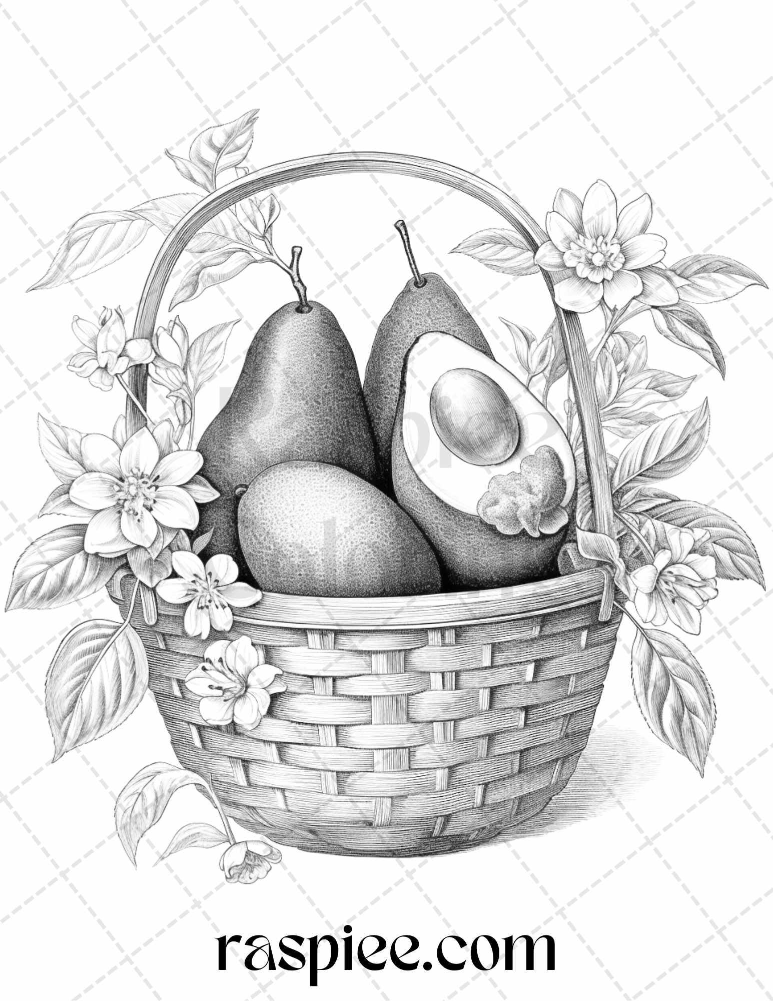 40 Fruit Basket Grayscale Coloring Pages Printable for Adults, PDF File Instant Download