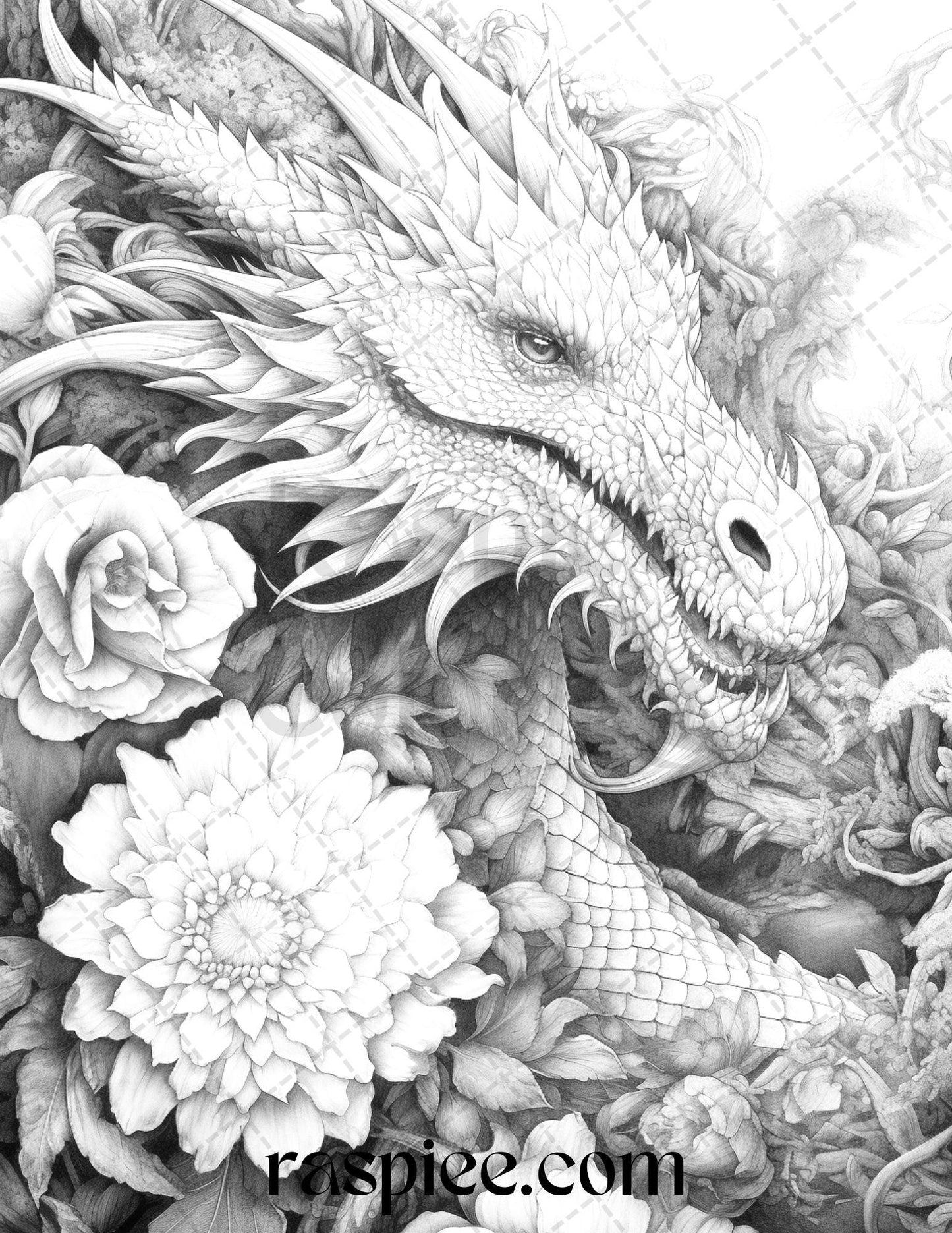 40 Flower Dragon Grayscale Coloring Pages Printable for Adults, PDF File Instant Download