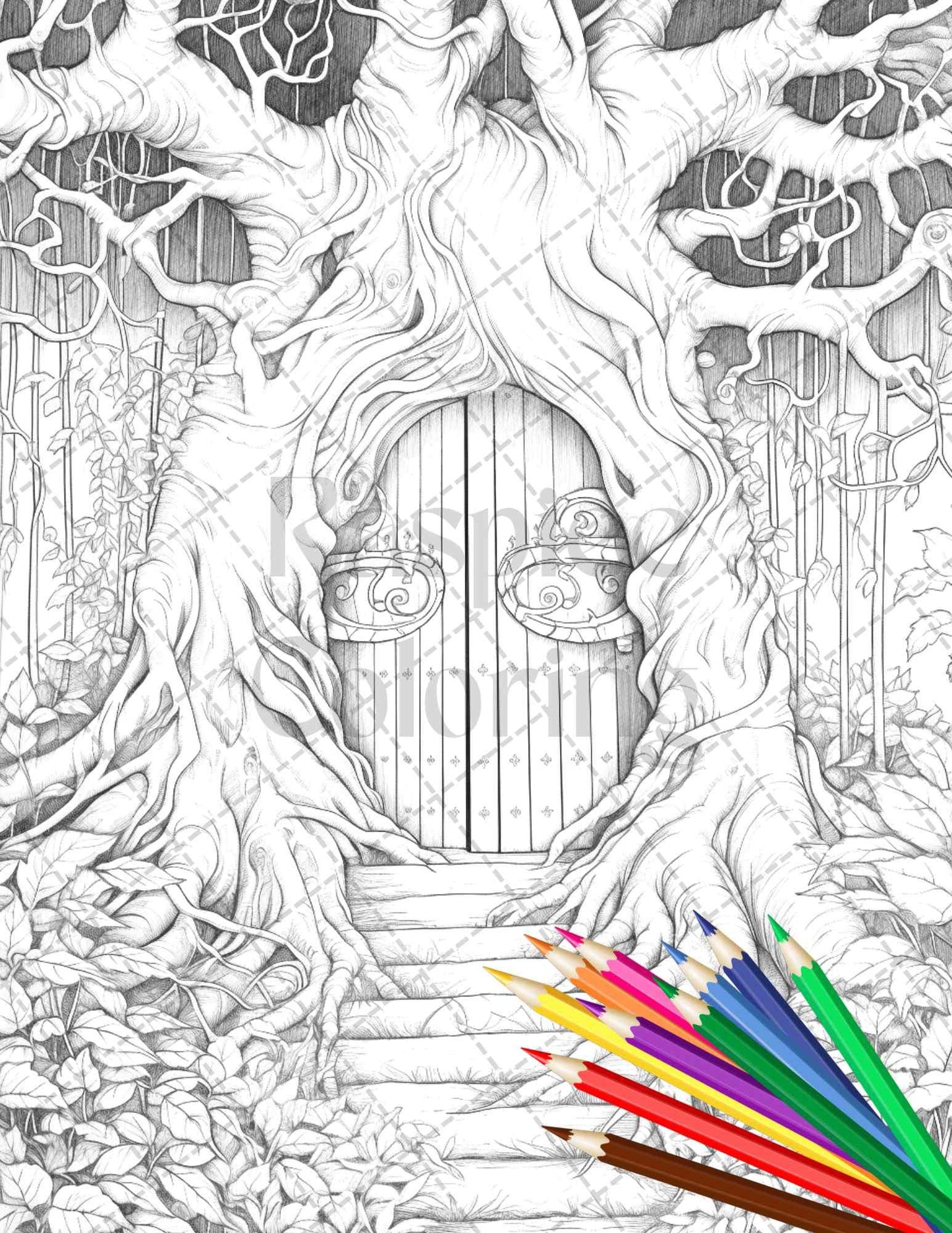 40 Magical Forest Gates Grayscale Coloring Pages Printable for Adults, PDF File Instant Download