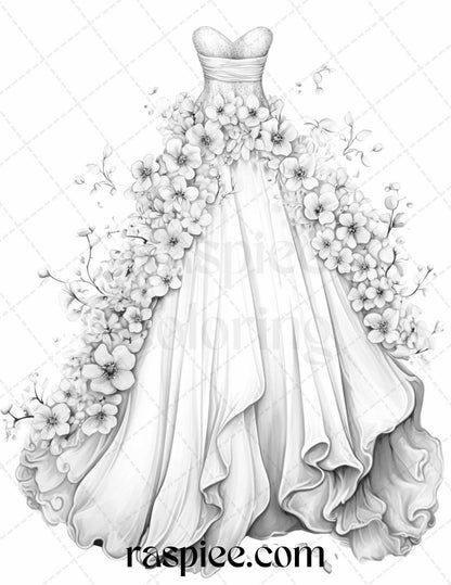 40 Elegant Floral Wedding Dresses Grayscale Coloring Pages Printable for Adults, PDF File Instant Download