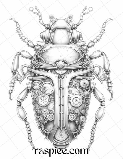 42 Steampunk Bugs Grayscale Coloring Pages Printable for Adults, PDF File Instant Download