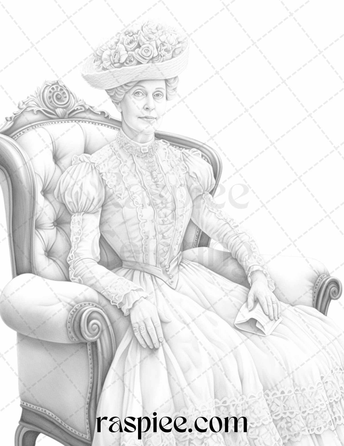 50 Victorian Grandma Grayscale Coloring Pages Printable for Adults, PDF File Instant Download