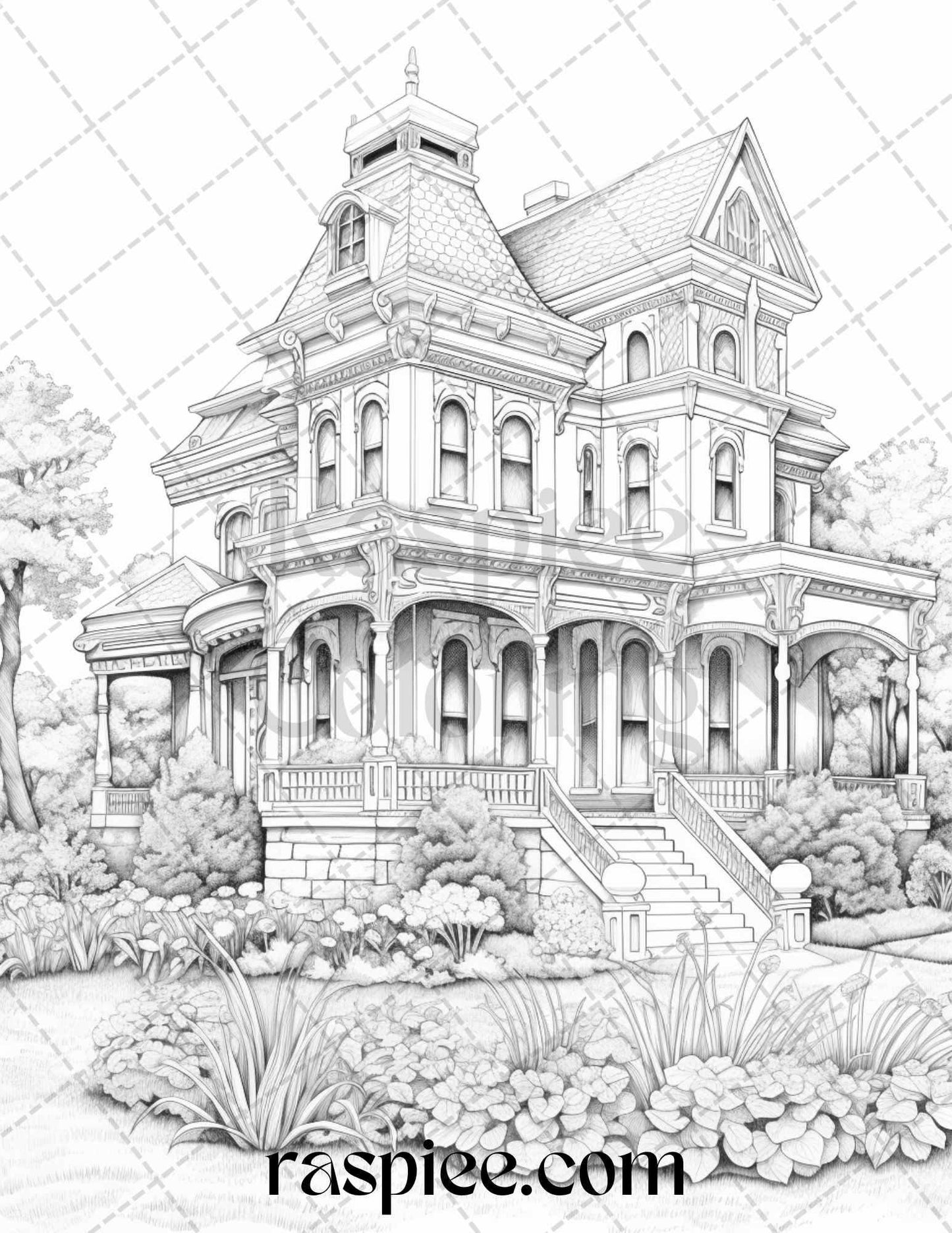 40 Victorian Houses Grayscale Coloring Pages Printable for Adults, PDF File Instant Download