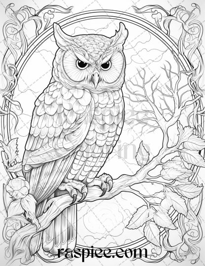 40 Floral Owl Grayscale Printable Coloring Pages for Adults, PDF File Instant Download